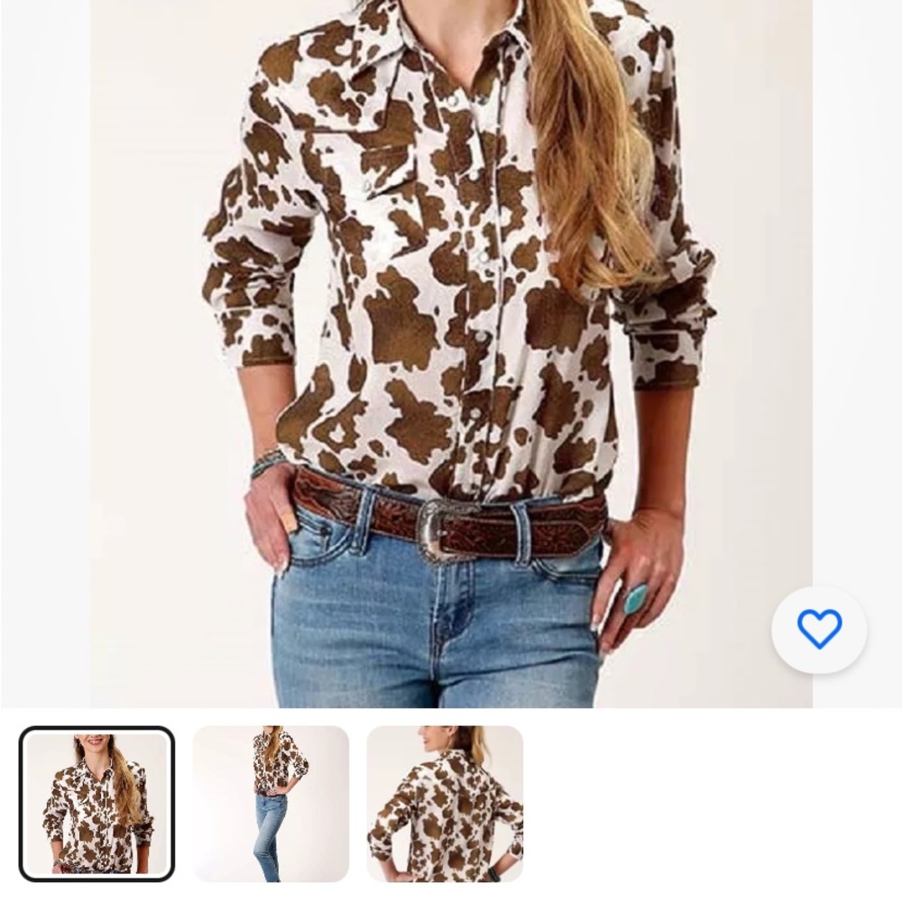 Acoa Cowhide Print Shirt Top Size XXL 2X Women Cowboy Western Brown White